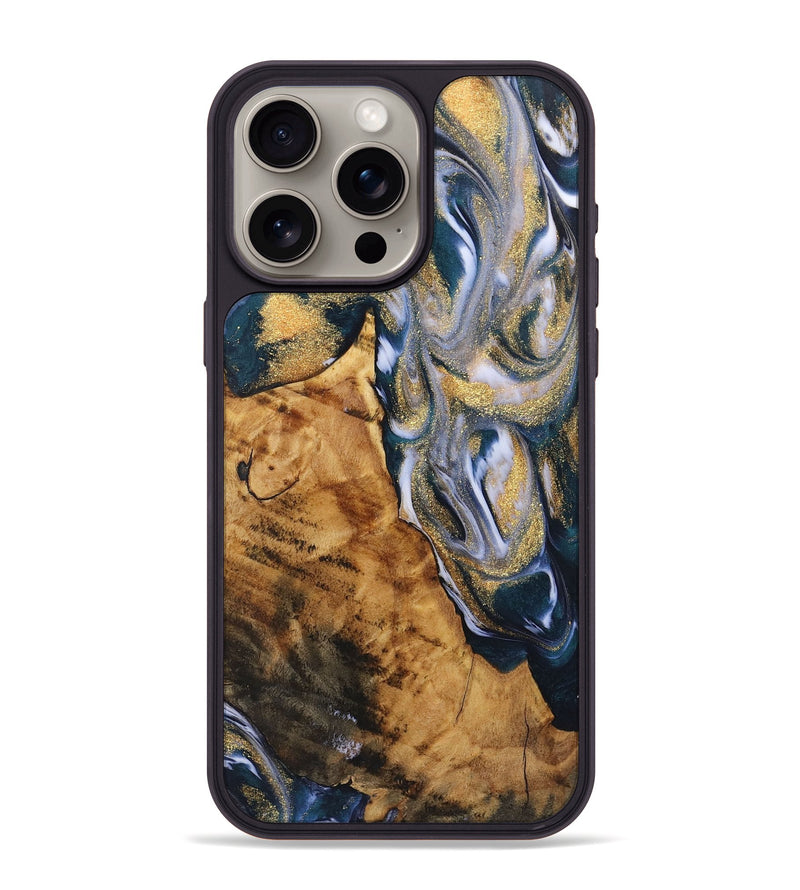 iPhone 15 Pro Max Wood+Resin Phone Case - Alvin (Teal & Gold, 723230)