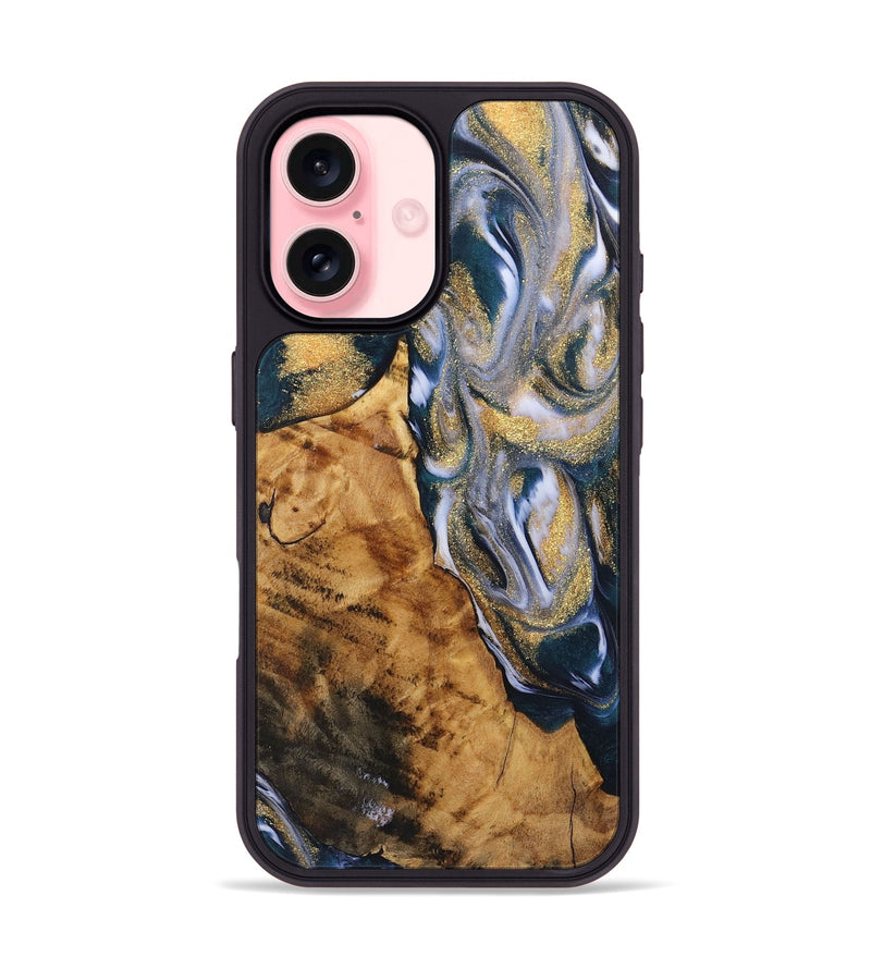 iPhone 16 Wood+Resin Phone Case - Alvin (Teal & Gold, 723230)