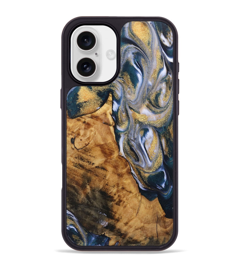 iPhone 16 Plus Wood+Resin Phone Case - Alvin (Teal & Gold, 723230)