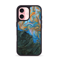 iPhone 16 Wood+Resin Phone Case - Katina (Teal & Gold, 723231)