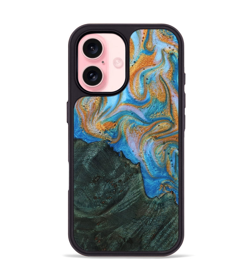 iPhone 16 Wood+Resin Phone Case - Katina (Teal & Gold, 723231)