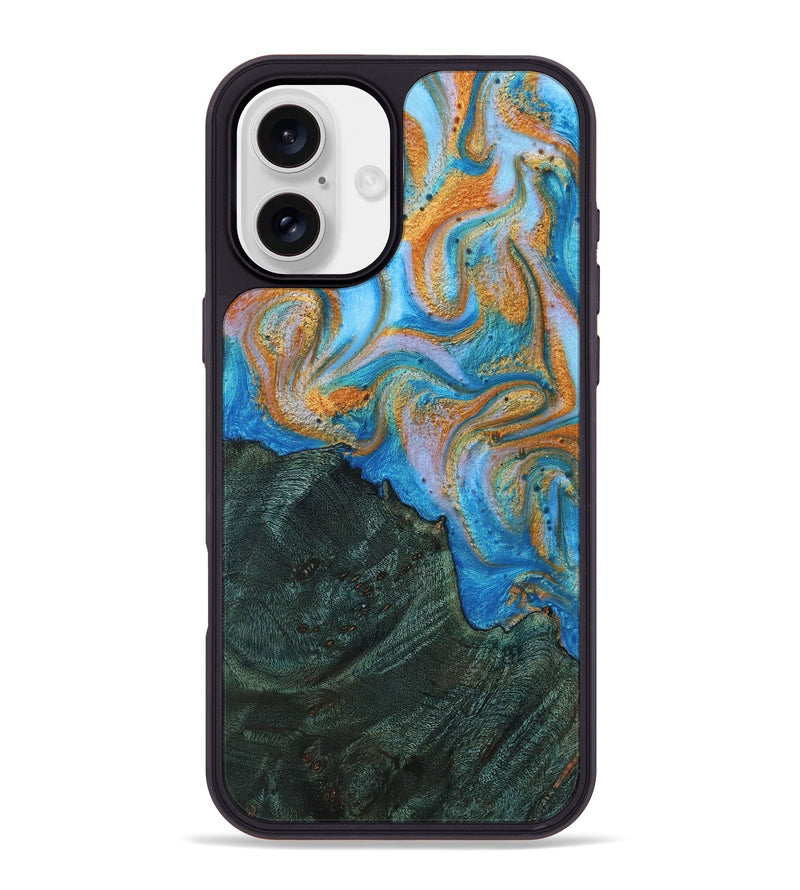 iPhone 16 Plus Wood+Resin Phone Case - Katina (Teal & Gold, 723231)