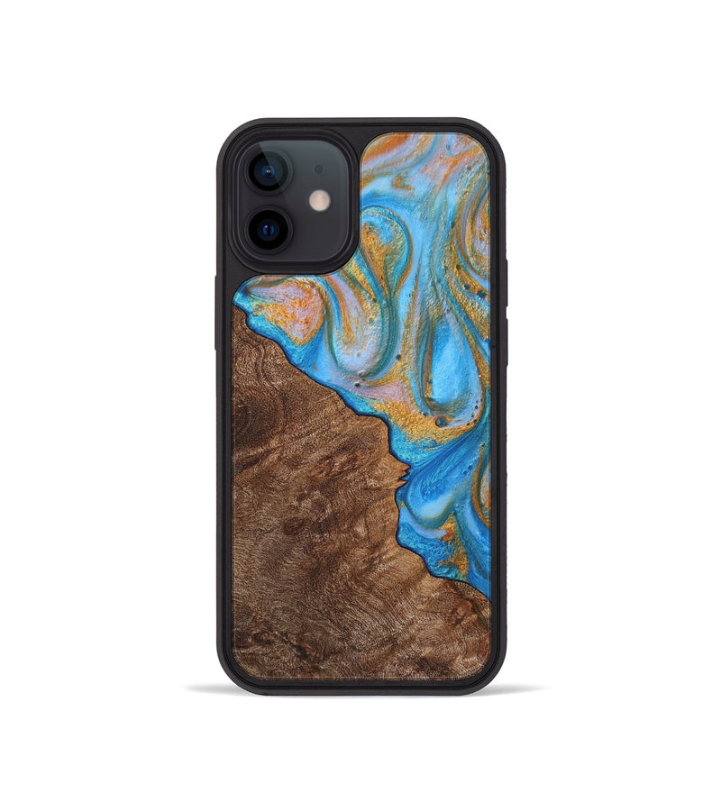 iPhone 12 mini Wood+Resin Phone Case - Felicity (Teal & Gold, 723234)