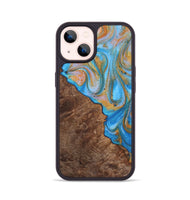 iPhone 14 Wood+Resin Phone Case - Felicity (Teal & Gold, 723234)