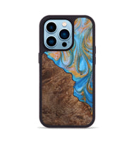 iPhone 14 Pro Wood+Resin Phone Case - Felicity (Teal & Gold, 723234)