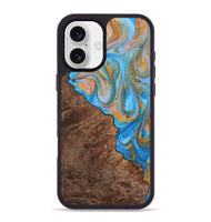 iPhone 16 Plus Wood+Resin Phone Case - Felicity (Teal & Gold, 723234)