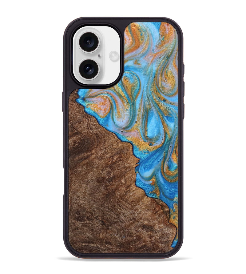 iPhone 16 Plus Wood+Resin Phone Case - Felicity (Teal & Gold, 723234)