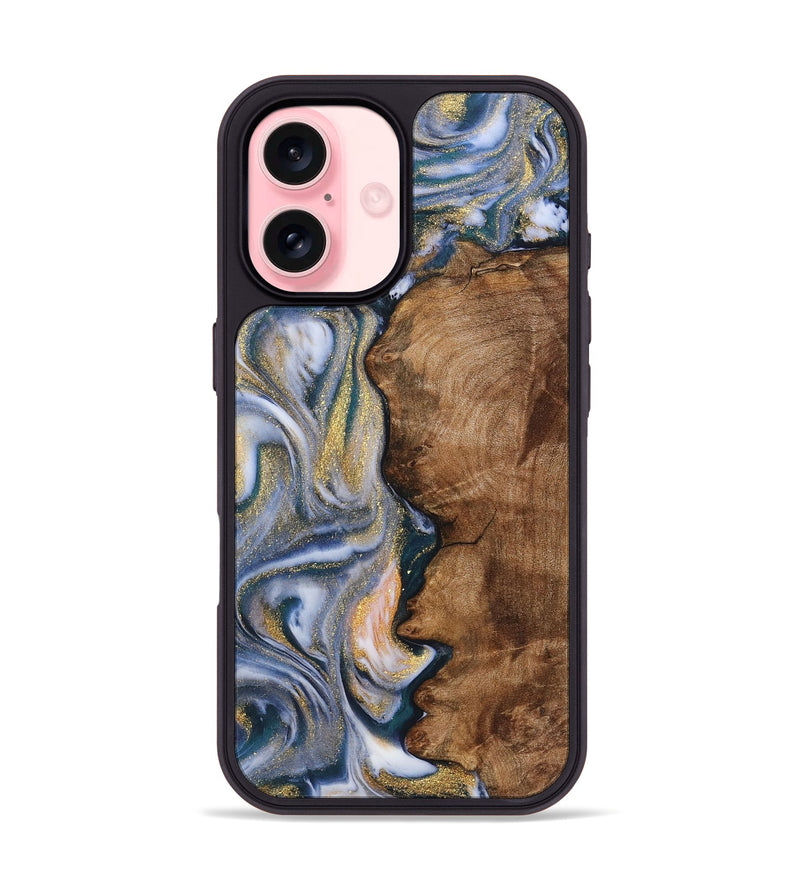 iPhone 16 Wood+Resin Phone Case - Santiago (Teal & Gold, 723237)