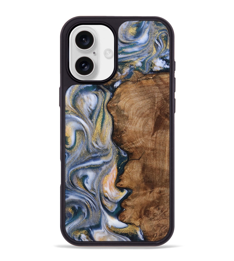 iPhone 16 Plus Wood+Resin Phone Case - Santiago (Teal & Gold, 723237)