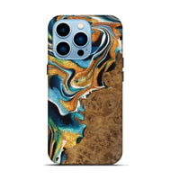 iPhone 14 Pro Wood Live Edge Phone Case - Charlie (Teal & Gold, 723601)