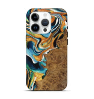 iPhone 15 Pro Wood Live Edge Phone Case - Charlie (Teal & Gold, 723601)