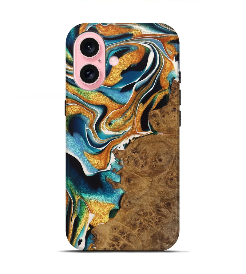 iPhone 16 Wood Live Edge Phone Case - Charlie (Teal & Gold, 723601)