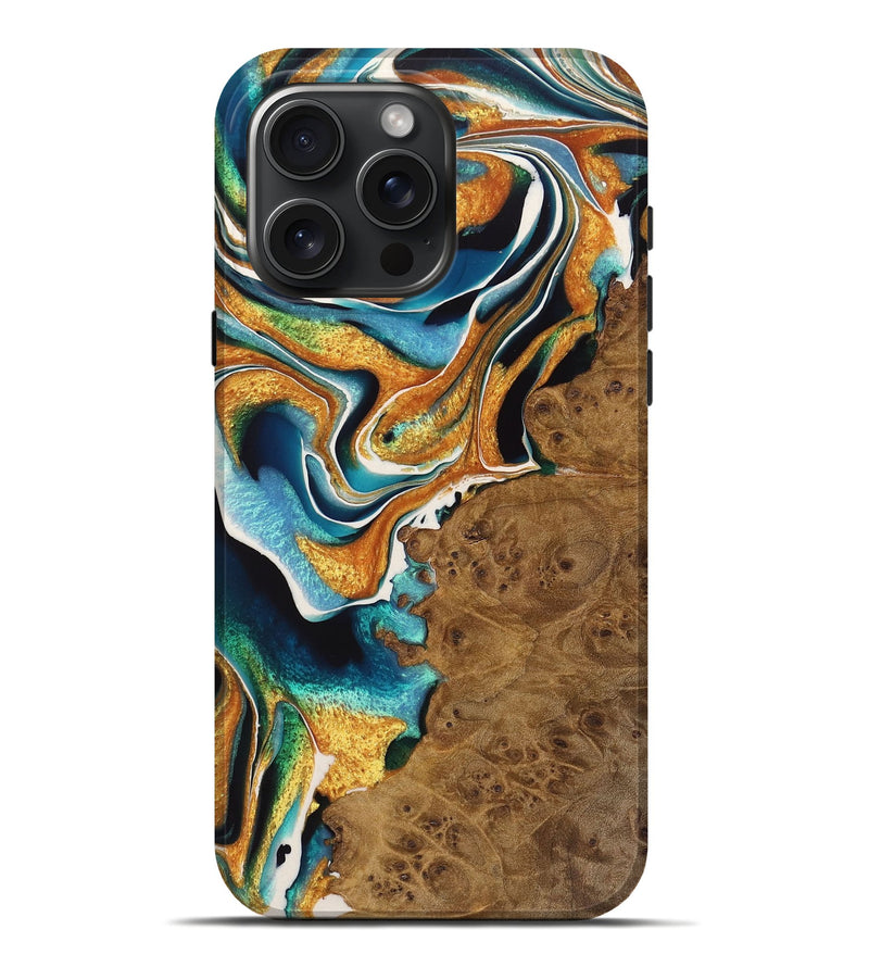 iPhone 16 Pro Max Wood Live Edge Phone Case - Charlie (Teal & Gold, 723601)