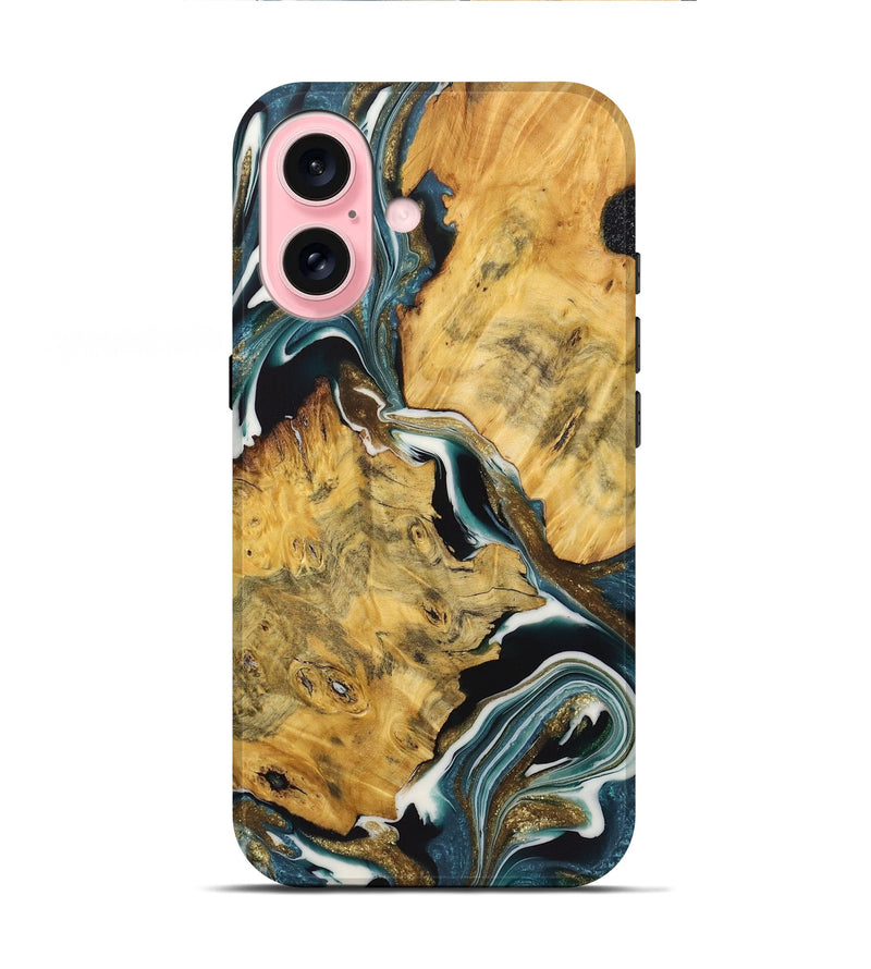 iPhone 16 Wood Live Edge Phone Case - Therese (Teal & Gold, 723602)