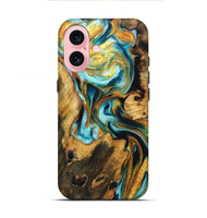 iPhone 16 Wood Live Edge Phone Case - Joyce (Teal & Gold, 723625)