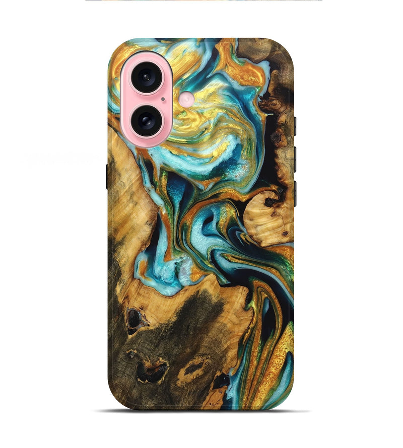 iPhone 16 Wood Live Edge Phone Case - Joyce (Teal & Gold, 723625)