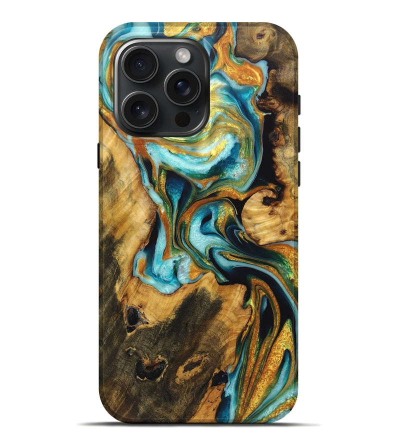 iPhone 16 Pro Max Wood Live Edge Phone Case - Joyce (Teal & Gold, 723625)