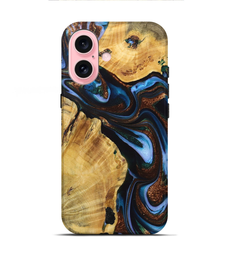 iPhone 16 Wood Live Edge Phone Case - Sophie (Teal & Gold, 723628)