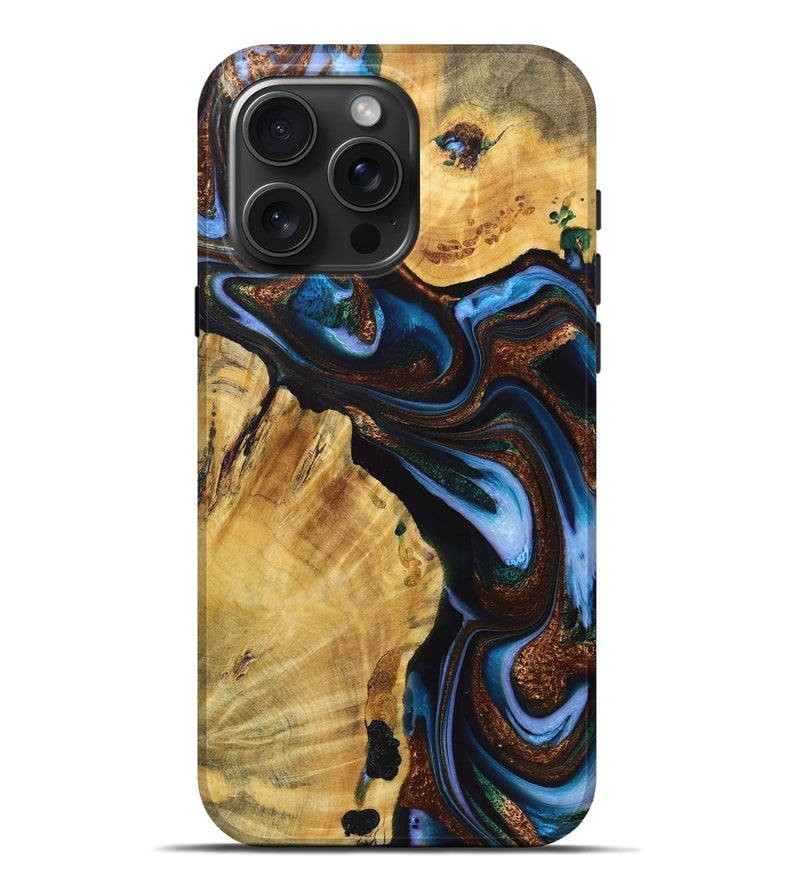 iPhone 16 Pro Max Wood Live Edge Phone Case - Sophie (Teal & Gold, 723628)