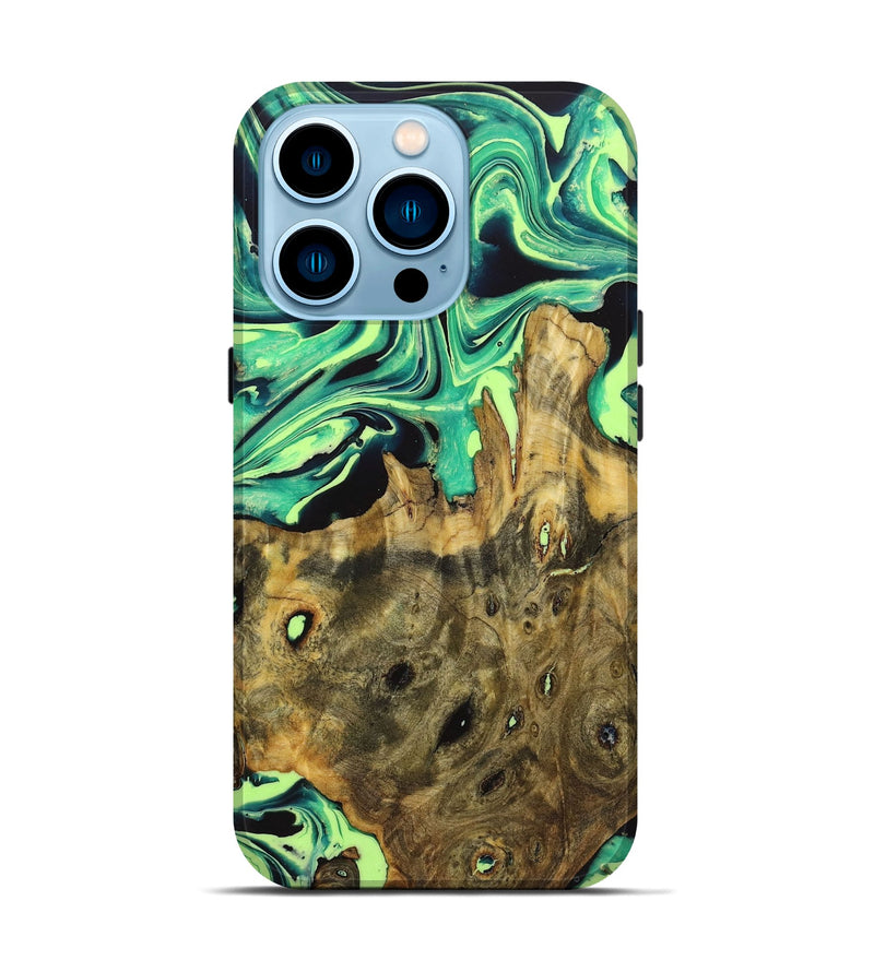 iPhone 14 Pro Wood Live Edge Phone Case - Deloris (Green, 723643)