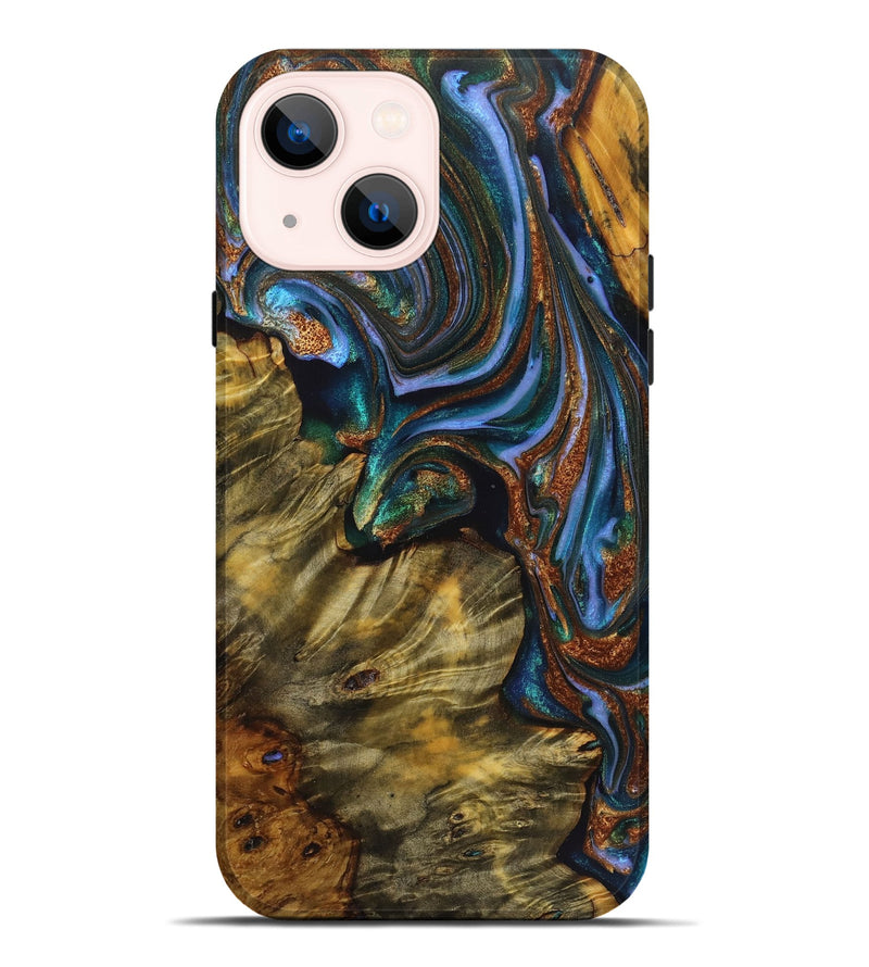 iPhone 14 Plus Wood Live Edge Phone Case - Jasmine (Teal & Gold, 723657)