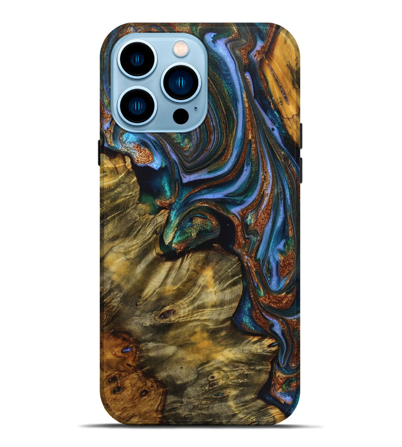 iPhone 14 Pro Max Wood Live Edge Phone Case - Jasmine (Teal & Gold, 723657)