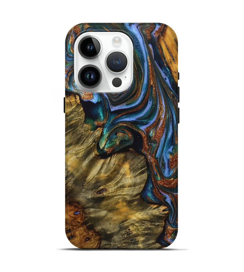 iPhone 15 Pro Wood Live Edge Phone Case - Jasmine (Teal & Gold, 723657)