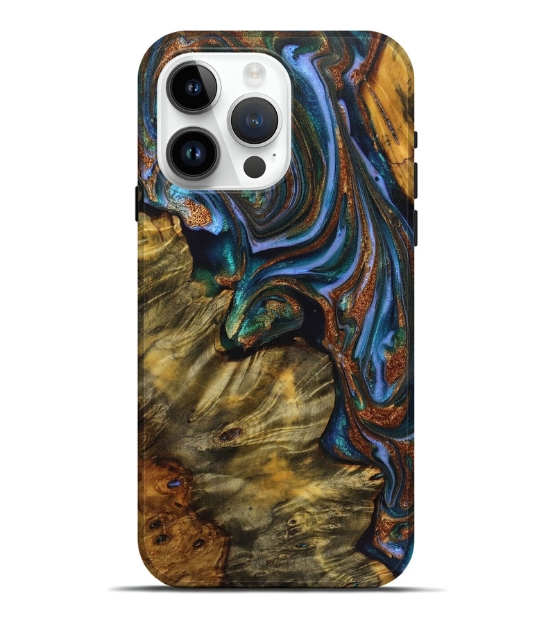 iPhone 15 Pro Max Wood Live Edge Phone Case - Jasmine (Teal & Gold, 723657)