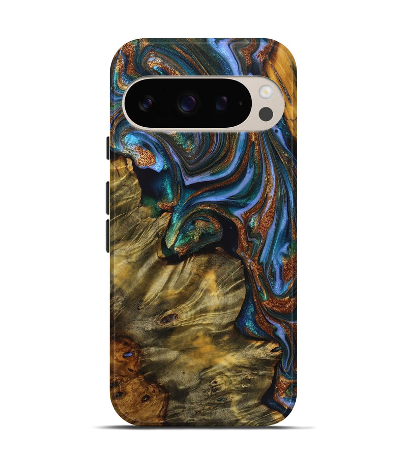 Pixel 9 Wood Live Edge Phone Case - Jasmine (Teal & Gold, 723657)