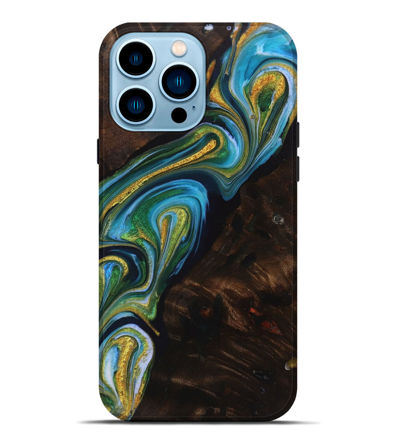 iPhone 14 Pro Max Wood Live Edge Phone Case - Greg (Teal & Gold, 723658)