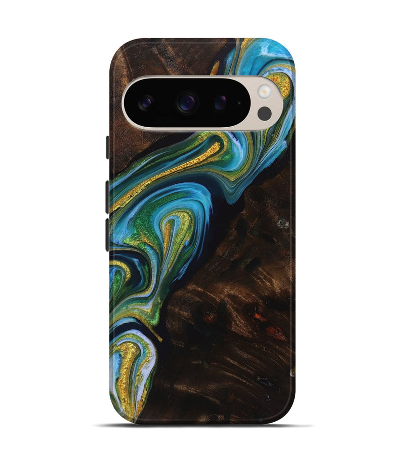 Pixel 9 Wood Live Edge Phone Case - Greg (Teal & Gold, 723658)