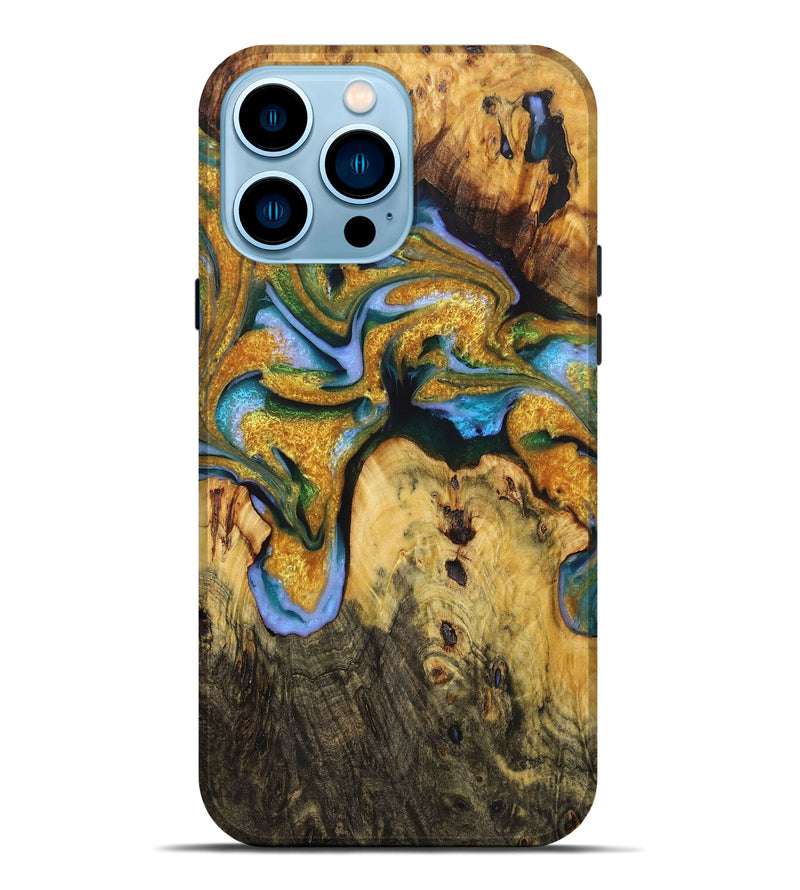 iPhone 14 Pro Max Wood Live Edge Phone Case - Knox (Teal & Gold, 723660)