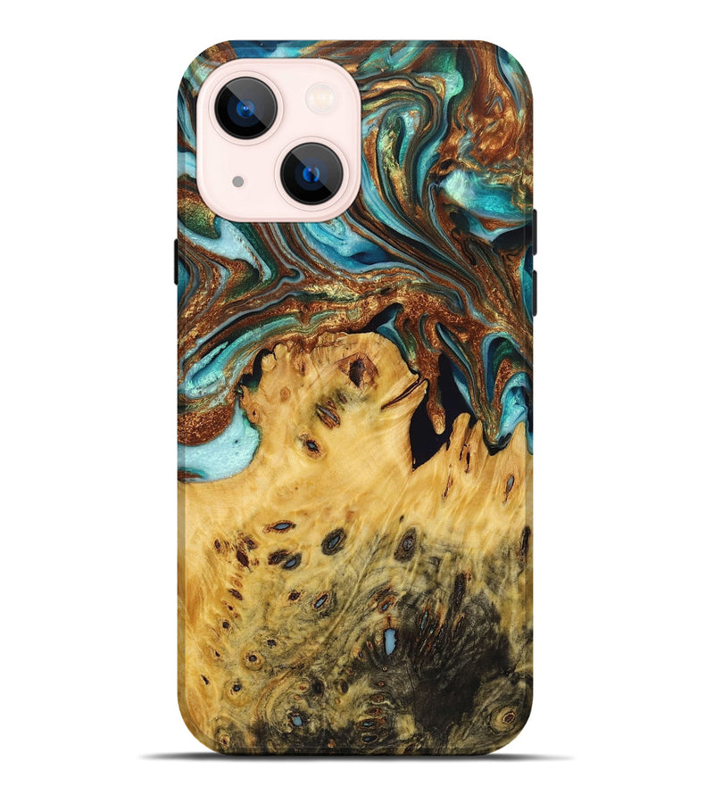 iPhone 14 Plus Wood Live Edge Phone Case - Fred (Teal & Gold, 723661)