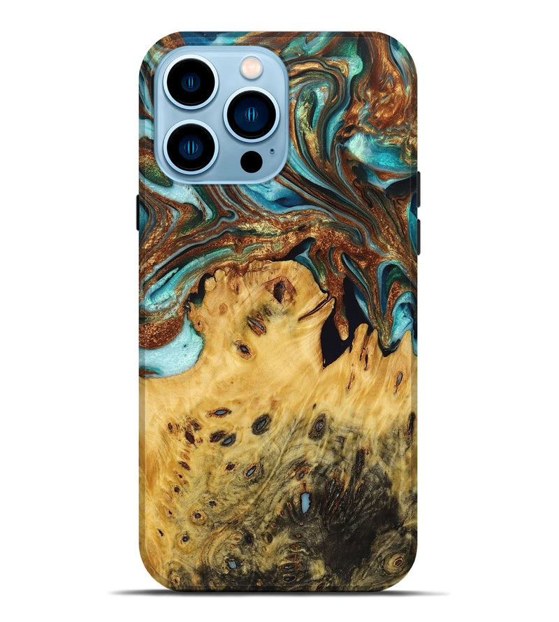 iPhone 14 Pro Max Wood Live Edge Phone Case - Fred (Teal & Gold, 723661)