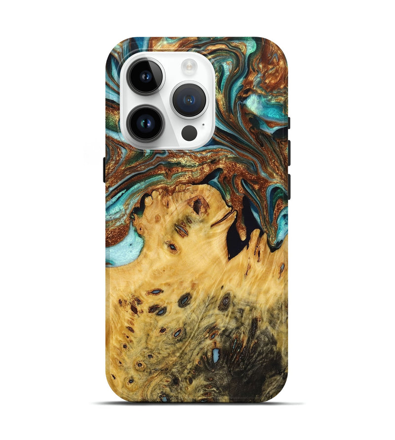 iPhone 15 Pro Wood Live Edge Phone Case - Fred (Teal & Gold, 723661)