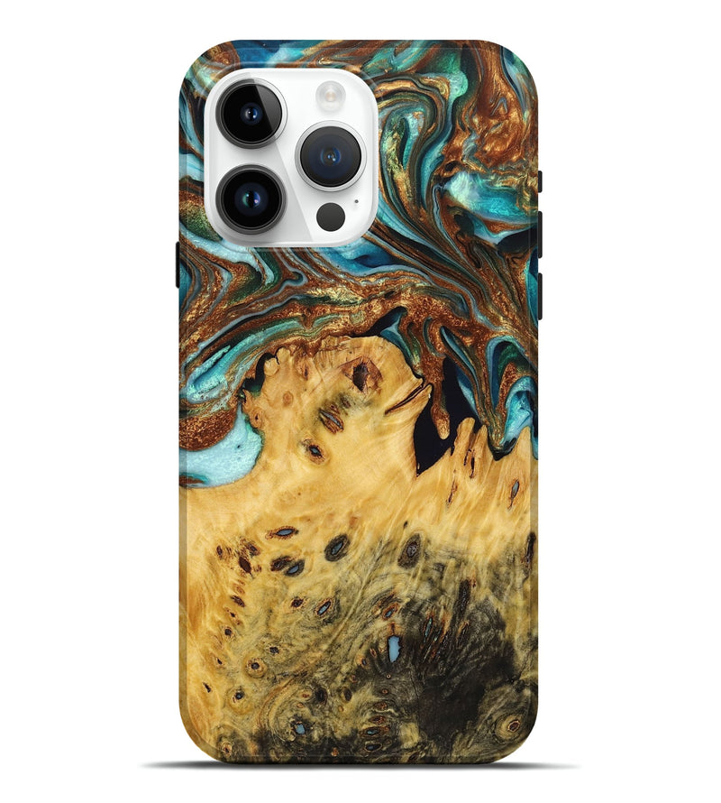 iPhone 15 Pro Max Wood Live Edge Phone Case - Fred (Teal & Gold, 723661)