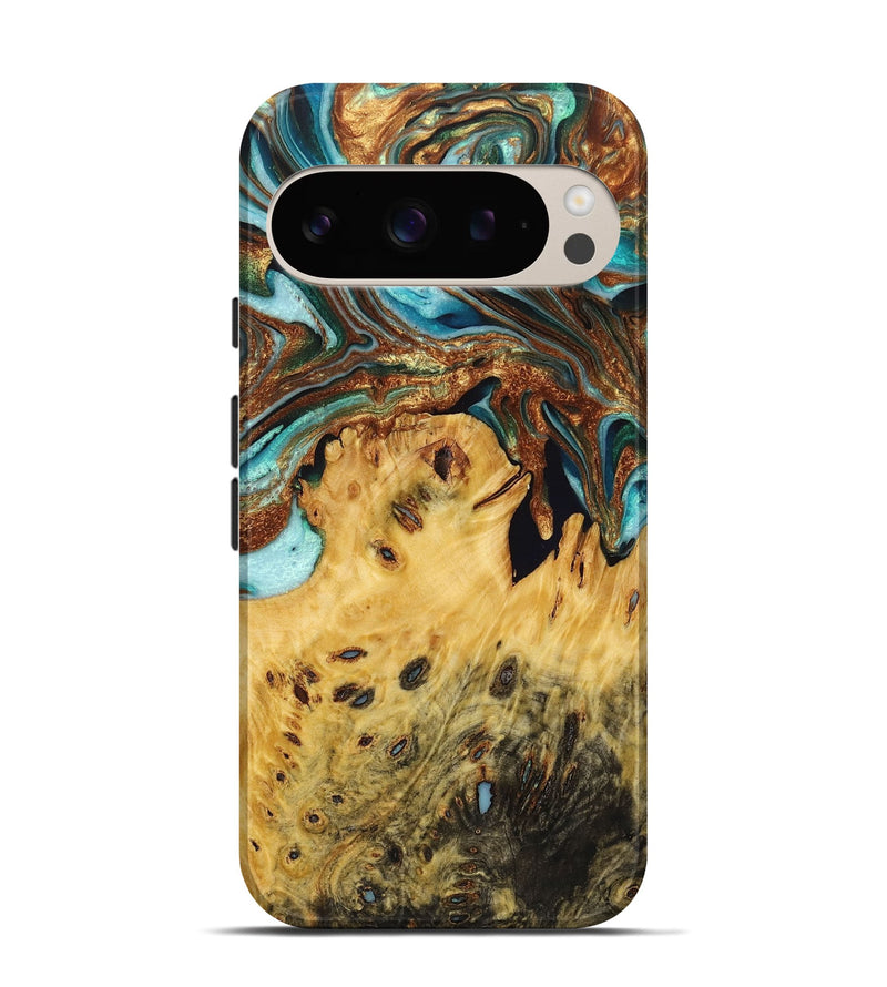 Pixel 9 Wood Live Edge Phone Case - Fred (Teal & Gold, 723661)