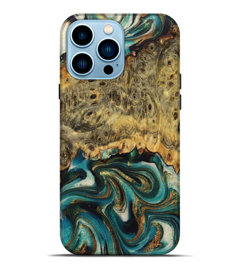 iPhone 14 Pro Max Wood Live Edge Phone Case - Freddie (Teal & Gold, 723662)