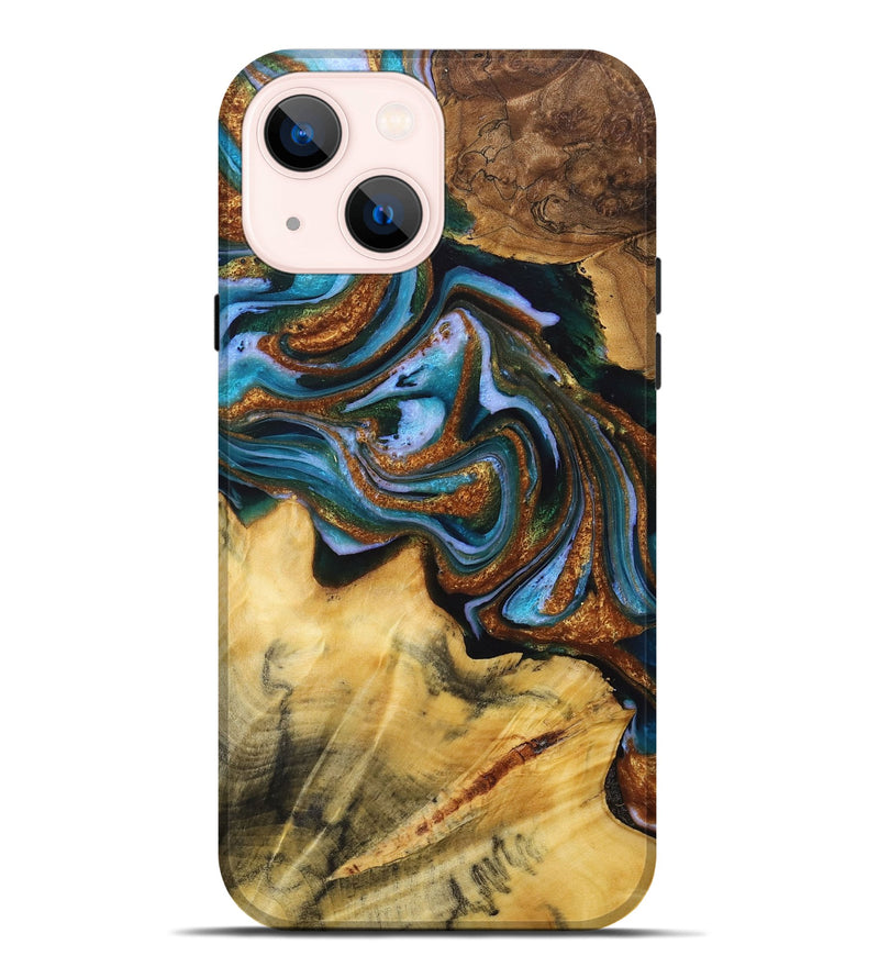 iPhone 14 Plus Wood Live Edge Phone Case - Melanie (Teal & Gold, 723697)