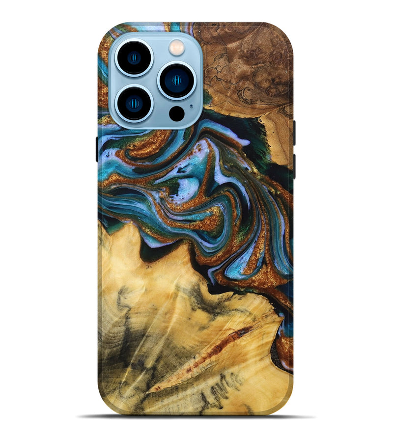 iPhone 14 Pro Max Wood Live Edge Phone Case - Melanie (Teal & Gold, 723697)