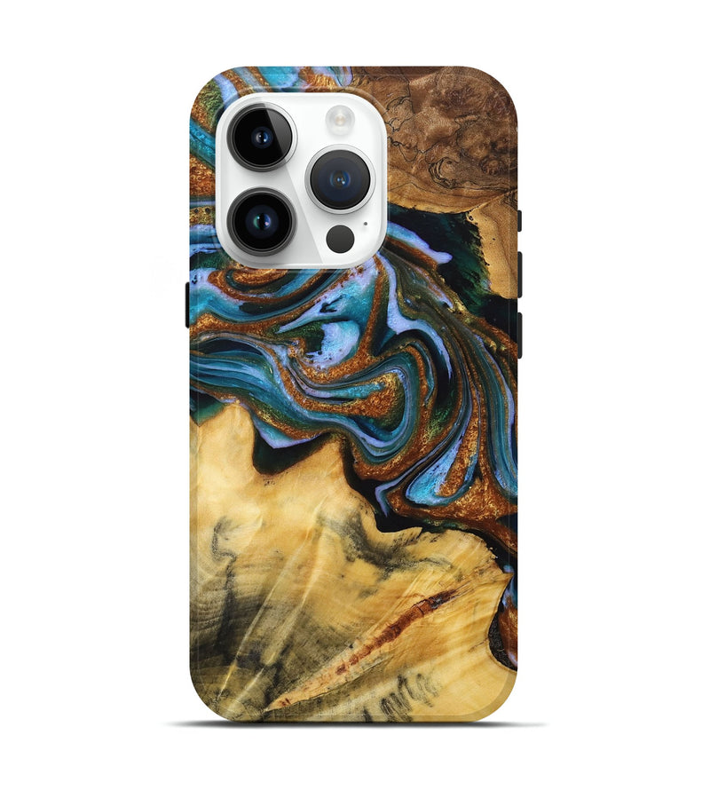 iPhone 15 Pro Wood Live Edge Phone Case - Melanie (Teal & Gold, 723697)