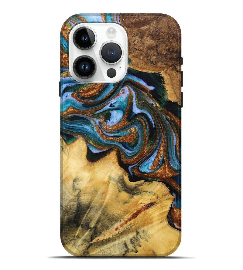 iPhone 15 Pro Max Wood Live Edge Phone Case - Melanie (Teal & Gold, 723697)