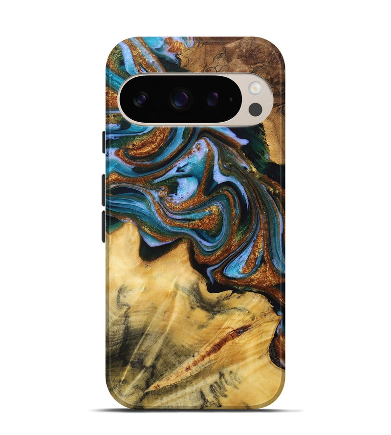 Pixel 9 Wood Live Edge Phone Case - Melanie (Teal & Gold, 723697)