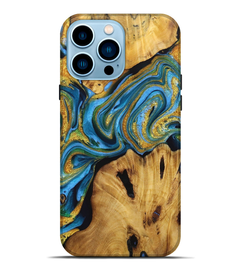 iPhone 14 Pro Max Wood Live Edge Phone Case - Branden (Teal & Gold, 723699)