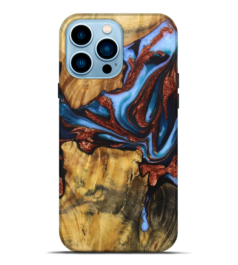 iPhone 14 Pro Max Wood Live Edge Phone Case - Blake (Teal & Gold, 724062)