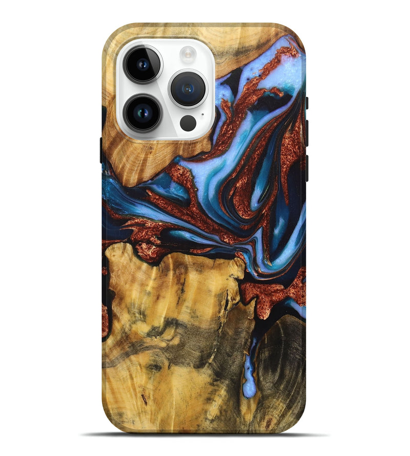 iPhone 15 Pro Max Wood Live Edge Phone Case - Blake (Teal & Gold, 724062)