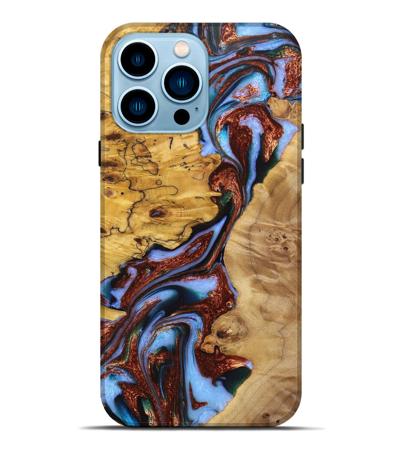 iPhone 14 Pro Max Wood Live Edge Phone Case - Catherine (Teal & Gold, 724063)