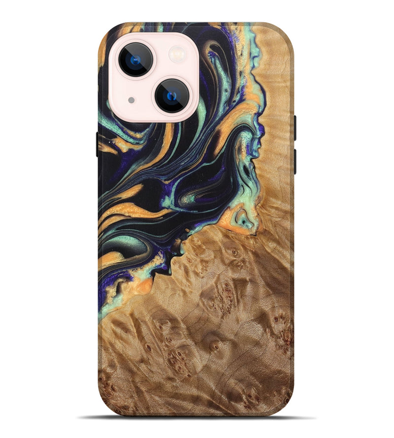 iPhone 14 Plus Wood Live Edge Phone Case - Giovanni (Teal & Gold, 724068)