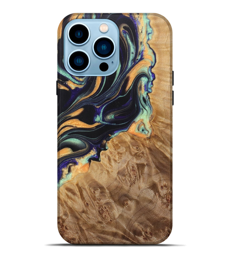 iPhone 14 Pro Max Wood Live Edge Phone Case - Giovanni (Teal & Gold, 724068)