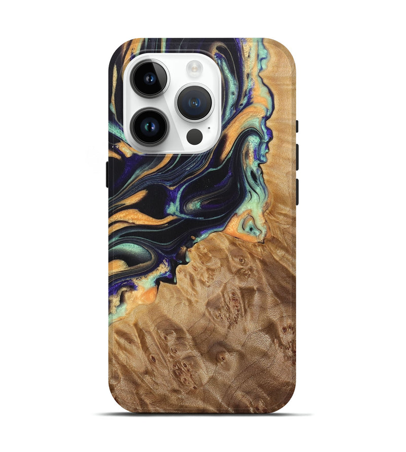 iPhone 15 Pro Wood Live Edge Phone Case - Giovanni (Teal & Gold, 724068)